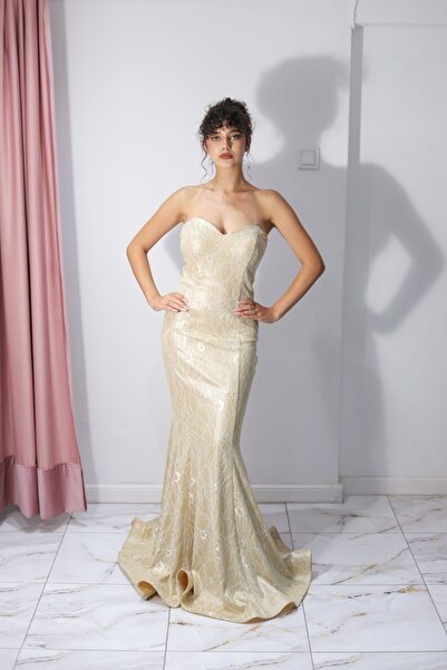 Angy Fashion “Golden Muse” Dress – strapless mermaid-style dress in gold lace...