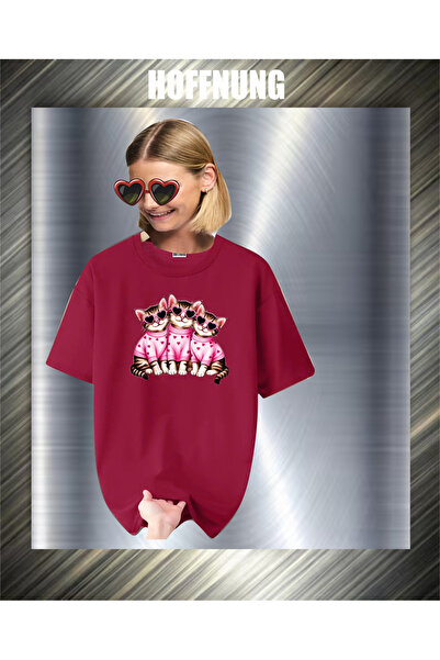 HOFFNUNG Unisex Short Sleeve Round Neck 3 Cats Printed Solid Color Tshirt