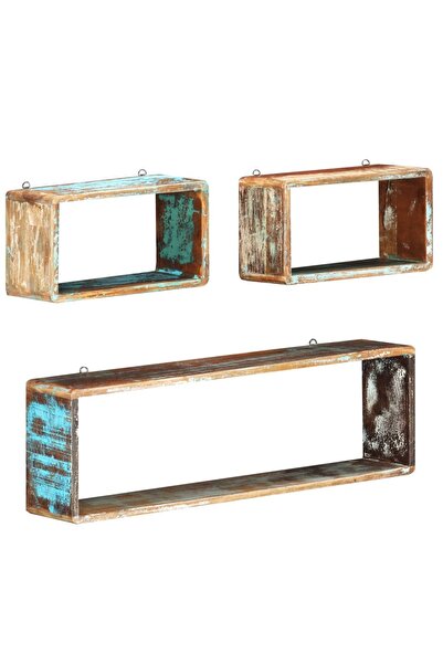 Concept Set rafturi de perete cub, 3 piese, lemn masiv reciclat