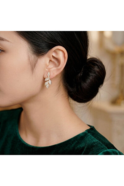Generic Gold Tone Leaf Drop Earrings – Full Sparkling Stone Pavé | Bridal & P...