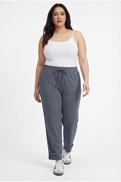 Ebsumu Women's Plus Size Button Detail Sho Fabric Knitted Gray Trousers