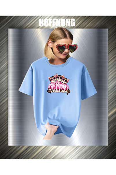 HOFFNUNG Unisex Short Sleeve Round Neck 3 Cats Printed Solid Color Tshirt