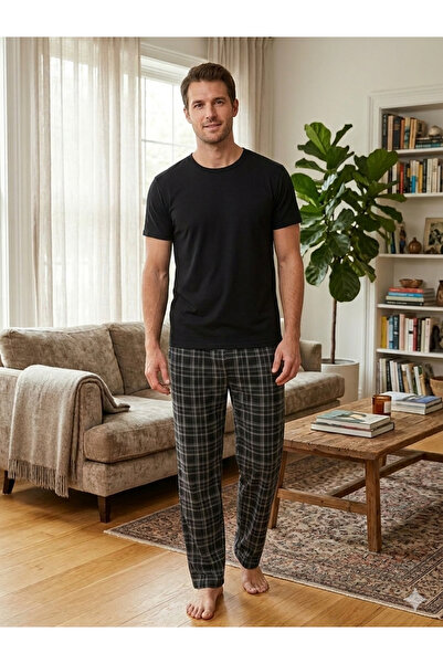 PİJART Erkek Siyah Ekose Kısa Kollu Pijama Takımı