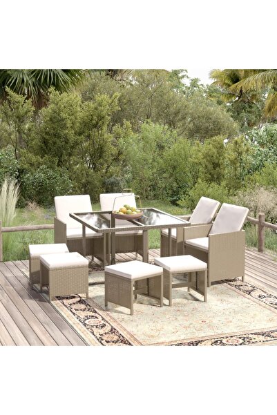 Concept Σετ επίπλων κήπου με μαξιλάρια, 9 τεμάχια, μπεζ, πολυρατάν