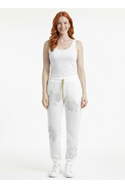 Neden Tekstil Women's White Cotton in Printed Jogger Pants Sweatpants