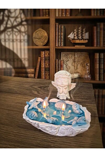 FLORYN Okyanus Kokulu Deniz Temalı Dekoratif Jel Mum El Yapımı Alçı Mumluk Üz...