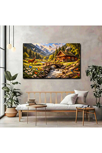 artprinta Dağ Evi Manzaralı Kanvas Tablo