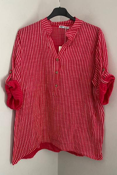 AYASOFYA OTANTIK Women's Italian Red Three-Button Collar with Placket Striped...