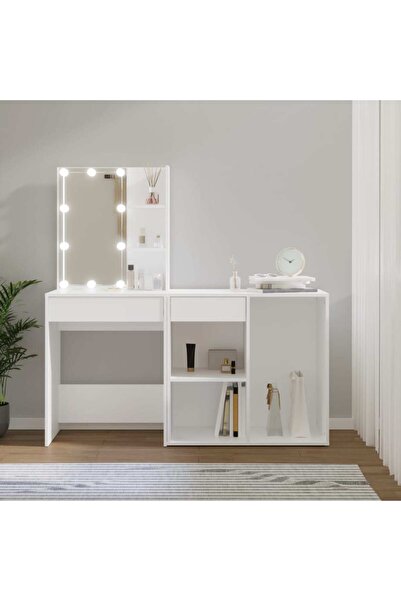 Concept Măsuță de toaletă cu LED și dulap, alb, lemn prelucrat