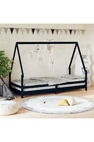 Concept Cadru pat pentru copii, negru, 90x200 cm, lemn masiv de pin
