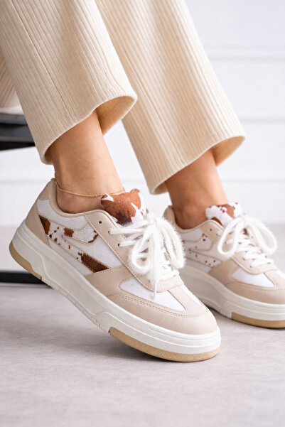 Encool Women's Sneakers Beige Brown Detailed Casual Sports Shoes – Thick Sole...