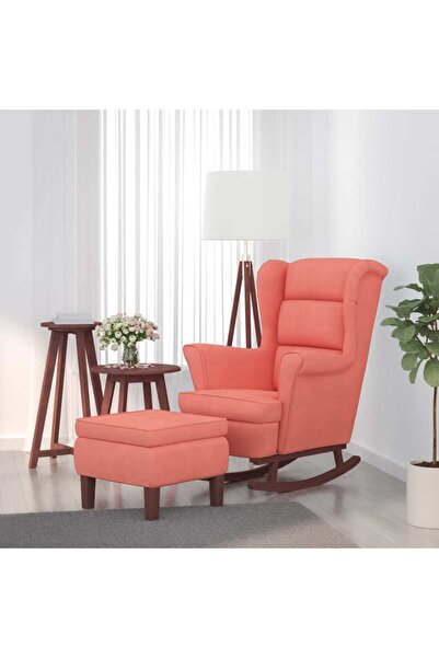 Concept Κουνιστή πολυθρόνα, ξύλινα πόδια και σκαμπό, ροζ, Βελούδο