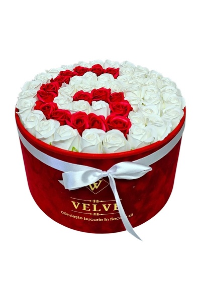 velve Floral arrangement letter G with 55 soap roses in a round red Velvet box