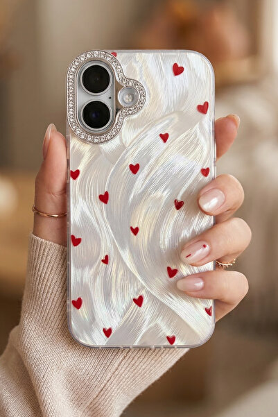 KVK PRİVACY iPhone 17 Kırmızı Kalpli Kılıf Taşlı Kamera Çerçeveli Estetik Şık...