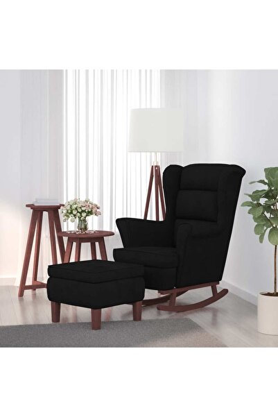 Concept Scaun balansoar, picioare din lemn și taburet, negru, catifea