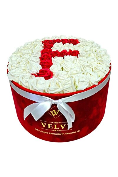 velve Letter F floral arrangement with 55 soap roses in a round red Velvet box