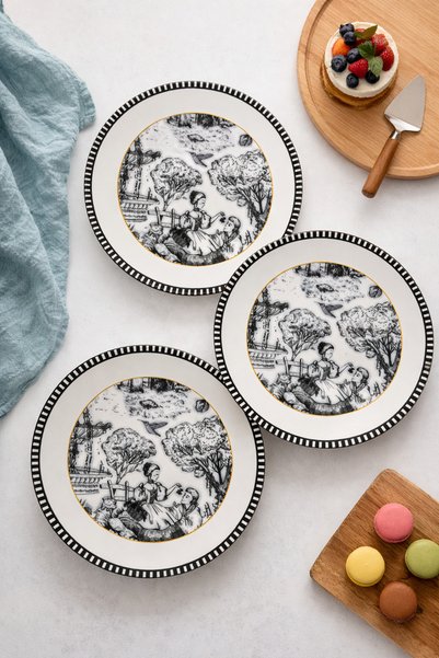grandora Vintage Patterned, Parliament Blue - White Serving Plate Set of 6 27 cm Serving, Breakfast, Dessert, Cake Presentation Plate