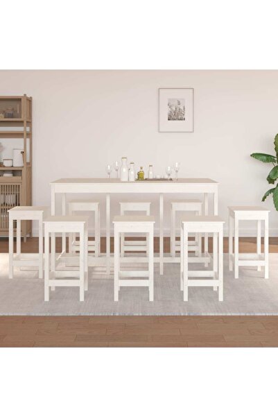 Concept Set mobilier de bar, 9 piese, alb, lemn masiv de pin