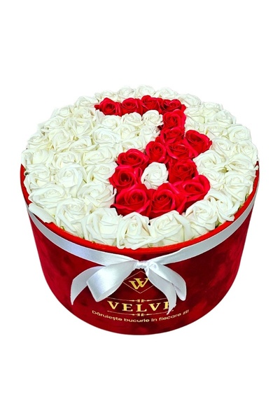 velve Letter J floral arrangement with 55 soap roses in a round red Velvet box