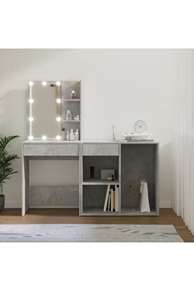 Concept Măsuță de toaletă cu LED și dulap, gri beton, lemn prelucrat