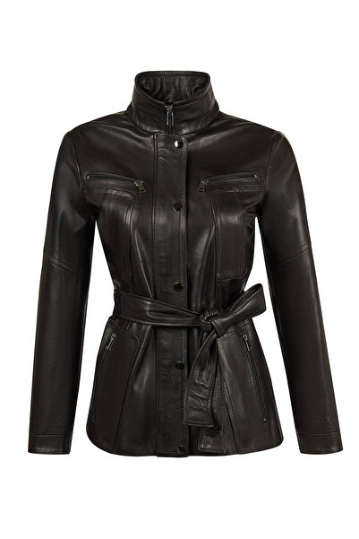 Derimod Rebecca-X Women's Black Turn-Down Collar Leather Coat 26Sge5651Ve