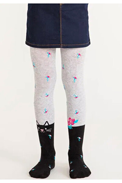 Penti Young girls' tights, "Fleur", Cotton- cat print, black