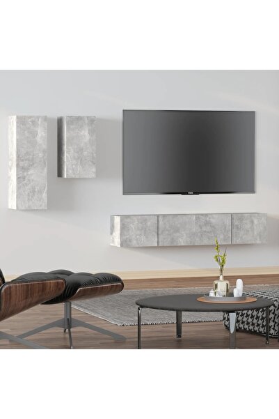 Concept Set dulap TV, 4 piese, gri beton, lemn prelucrat