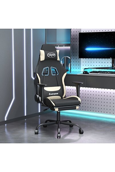 Concept Scaun de gaming pivotant cu taburet, negru și crem, textil