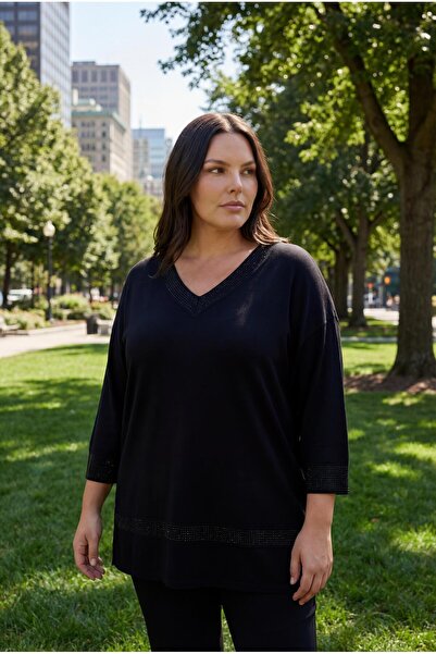 Ebsumu Women's Plus Size Stone Printed Design Black Blouse