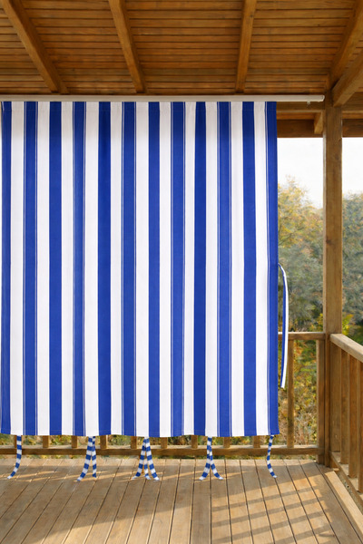 SHY TEKSTİL MAVİ-BEYAZ Kornişli Su Geçirmez Rüzgâr Dayanımlı Pilesiz Balkon P...