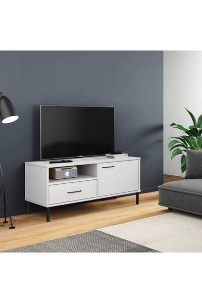 Concept Comodă TV cu picioare metalice „OSLO”, alb, lemn masiv pin