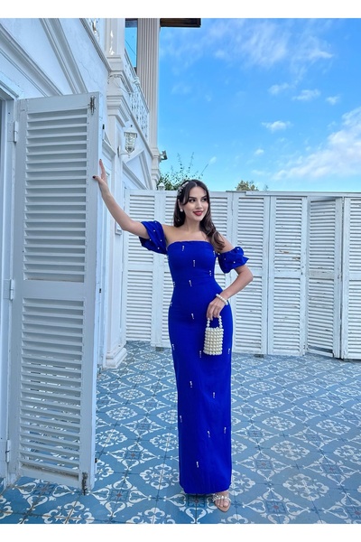 İZYA Stylish Strapless Long Evening Dress – Evening Gown with Pearl Detailing