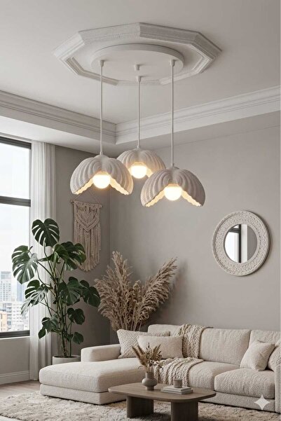 Dropcek eticaret İstiridye Modern 3’lü Sarkıt Avize Beyaz beton Dokulu Minima...