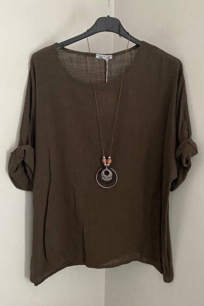 AYASOFYA OTANTIK Γυναικεία Ιταλική Καφέ Μπλούζα με Αξεσουάρ Κολιέ oversized C...