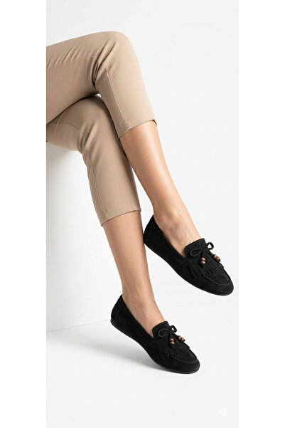 ÜNAL ÖZER Piele naturală neagră pentru femei S piele întoarsă cu ciucuri și m...