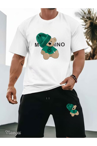 Massgai Unisex Smile Bear Printed Oversized Short Sleeve T-Shirt Shorts 2-Pie...