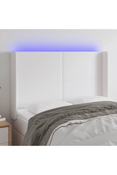 Concept Tăblie de pat cu LED, alb, 147x16x118/128 cm, piele ecologică