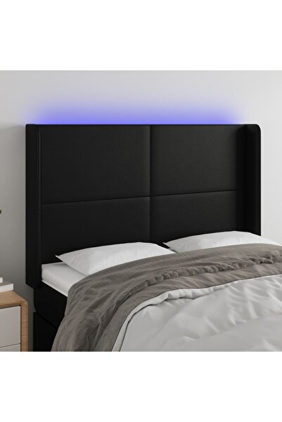 Concept Tăblie de pat cu LED, negru, 147x16x118/128 cm, piele ecologică