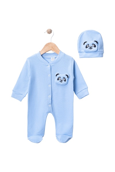 BabyMed %100 Pamuk İkili Bebek Tulum ve Şapkalı Set / Panda Desenli Önden Çıt...