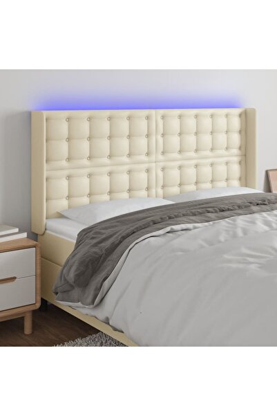 Concept Tăblie de pat cu LED, crem, 203x16x118/128 cm, piele ecologică