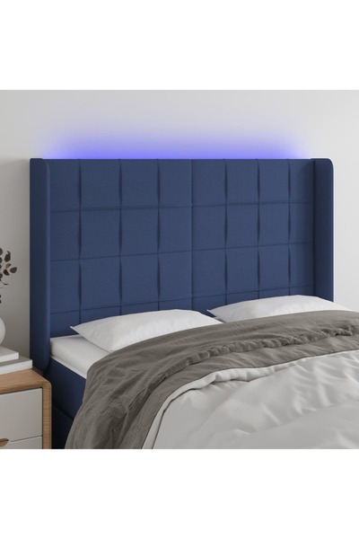 Concept Tăblie de pat cu LED, albastru, 147x16x118/128 cm, textil
