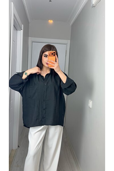Alizstore قميص نسائي كبير الحجم بأكمام طويلة، قميص أسود أساسي بقصة مريحة