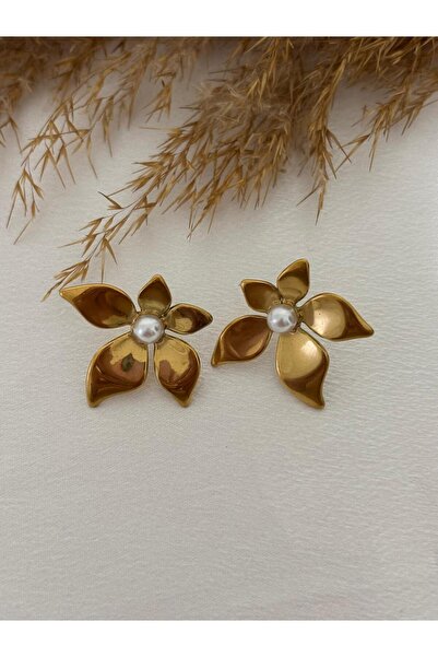 stainless steell Pearl Detailed Flower Steel Earrings