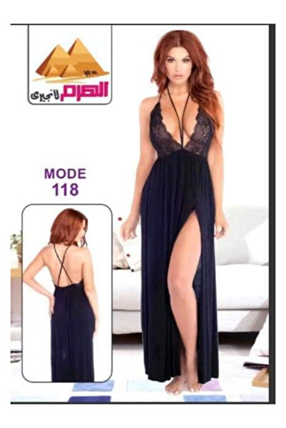 AL HARAM قميص نوم نسائي أسود دانتيل بتصميم أنيق وفتحة أمامية جريئة