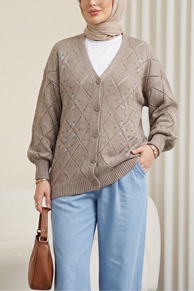 Modamorfo Lace-Like Knit Floral Embroidered Buttoned Knitwear Cardigan - Earthy