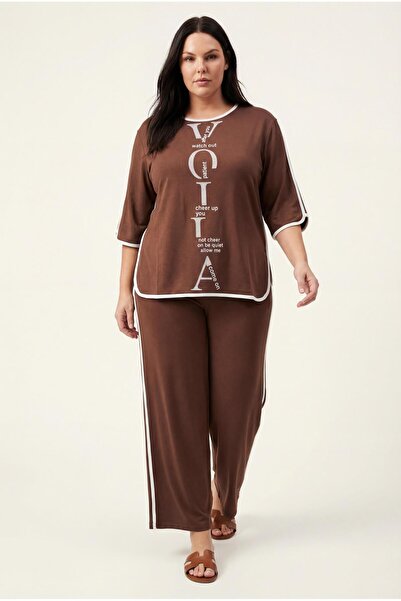 Ebsumu Set de trening maro din țesătură cu imprimeu Sho, cu detaliu cu dungi,...