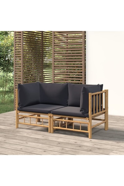 Concept Γωνιακός καναπές κήπου, σκούρα γκρι μαξιλάρια, 2 τεμ., Μπαμπού