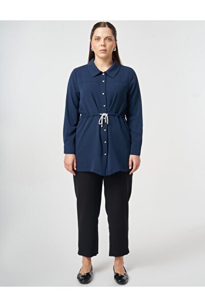Kayra Lace-Up Shirt Collar Tunic Dark Navy Blue