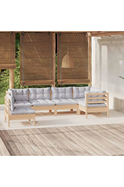 Concept Σετ επίπλων κήπου με γκρι μαξιλάρια, 6 τεμάχια, από μασίφ ξύλο πεύκου