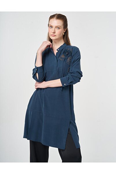 Kayra Dikiş Detaylı Modal Tunik Koyu Lacivert